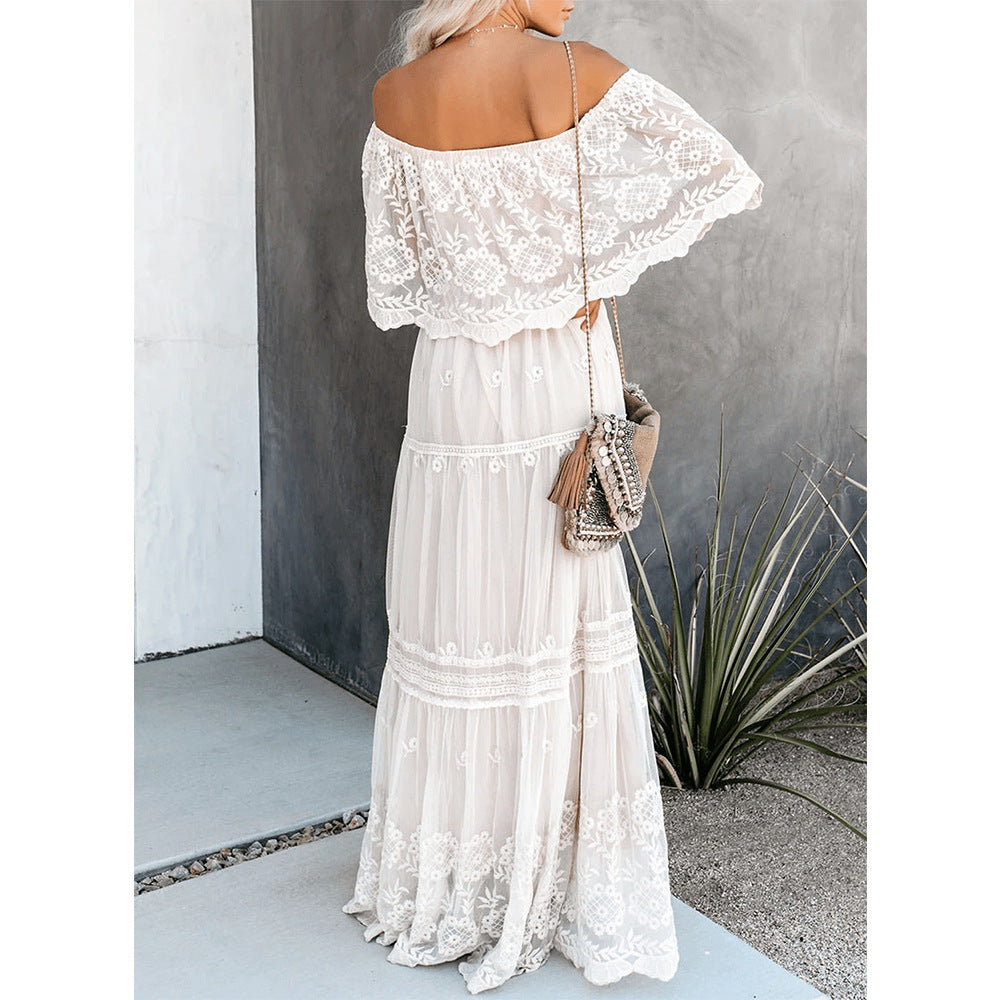 Embroidered Off Shoulder Tiered Maxi Dress