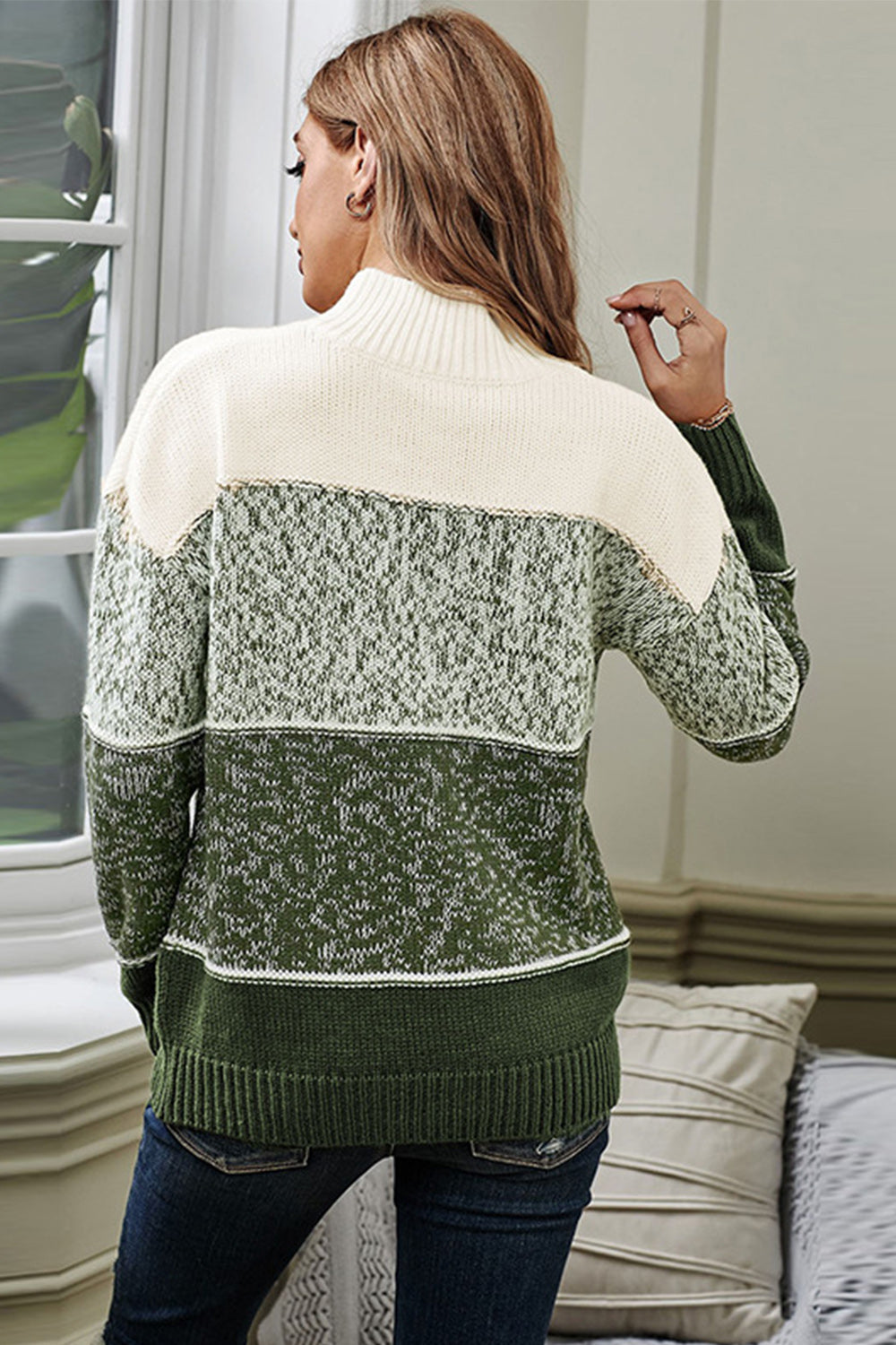 RadyRin High-Collar Knitted Sweater with Contrast Stitching