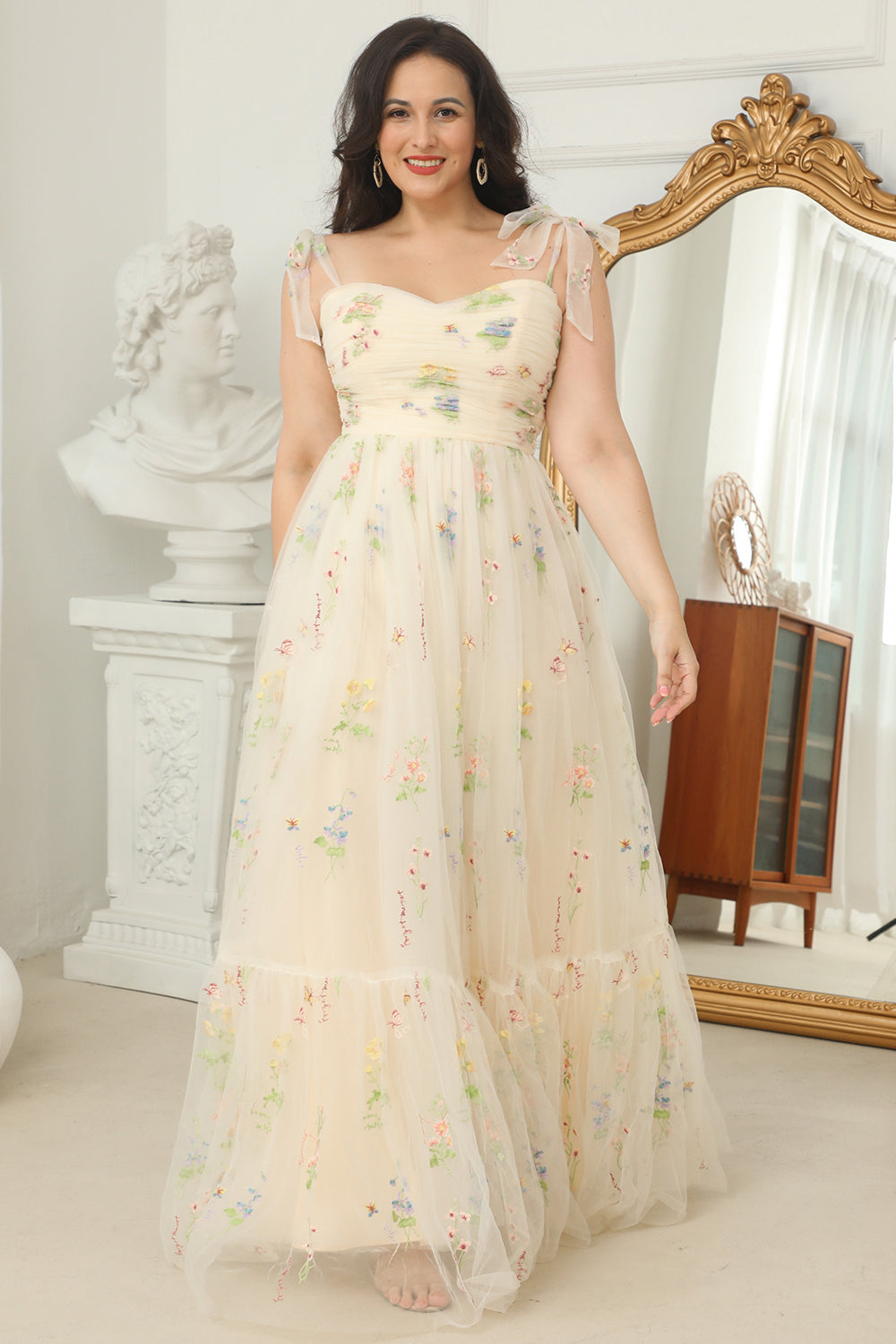 Plus Size Champagne Long Prom Dress With Embroidery - Fashionpara