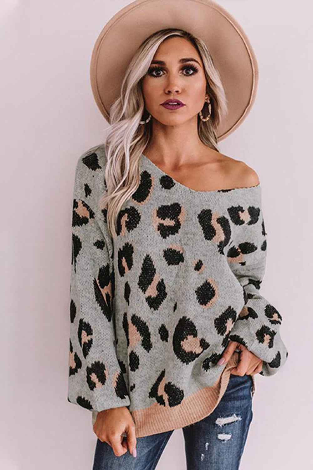 RadyRin One-Shoulder Loose Leopard Print Sweater
