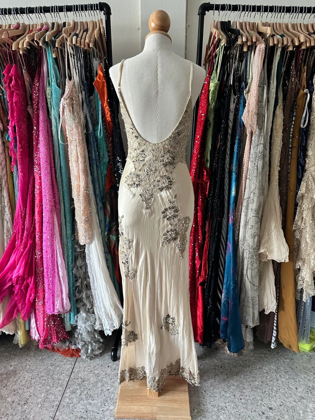 Vintage Ivory Mermaid Strappy V-Neck Lace Slit Satin Long Prom Dress Evening Dress P4221