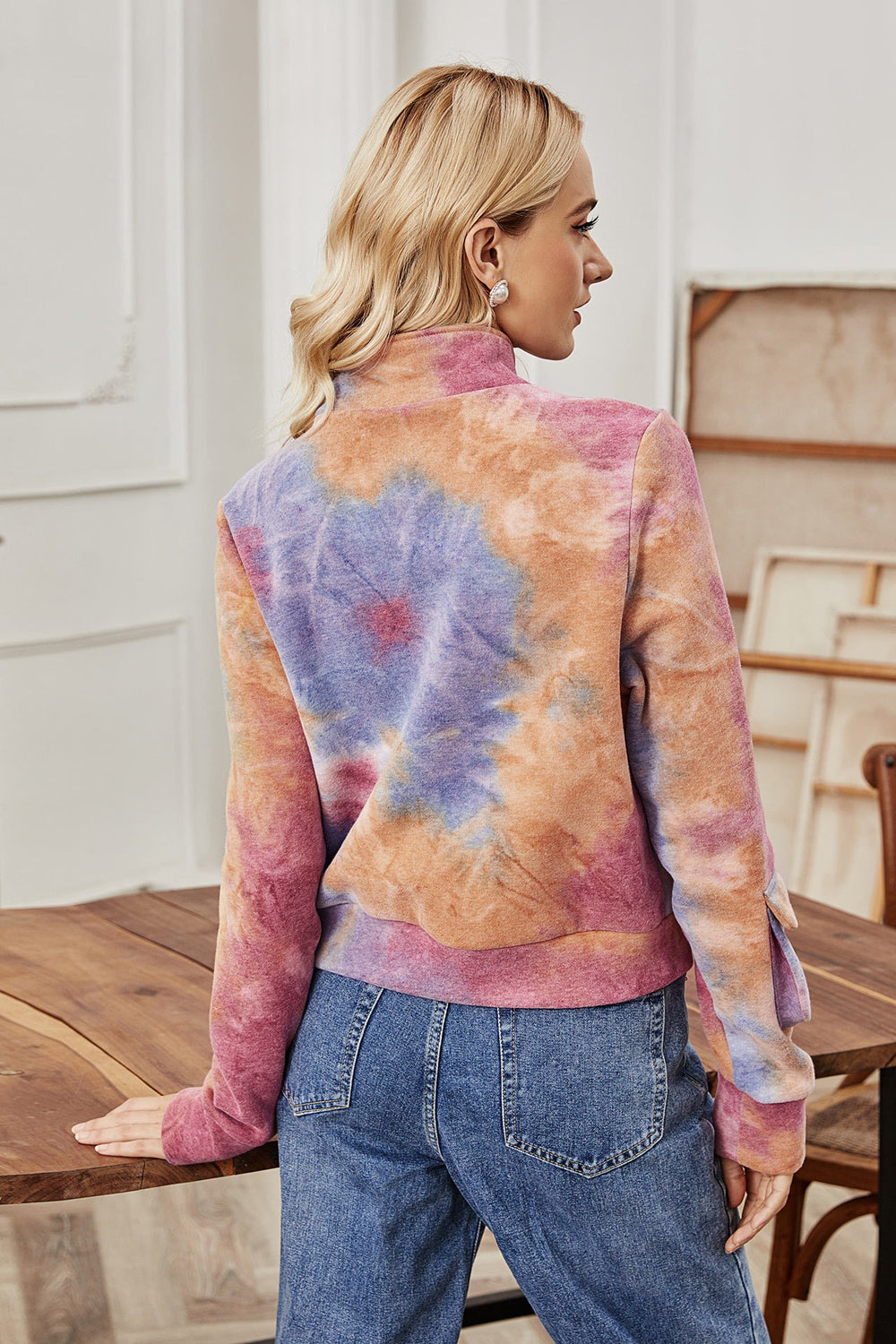 High Collar Color Zipper Tie-dye Jacket