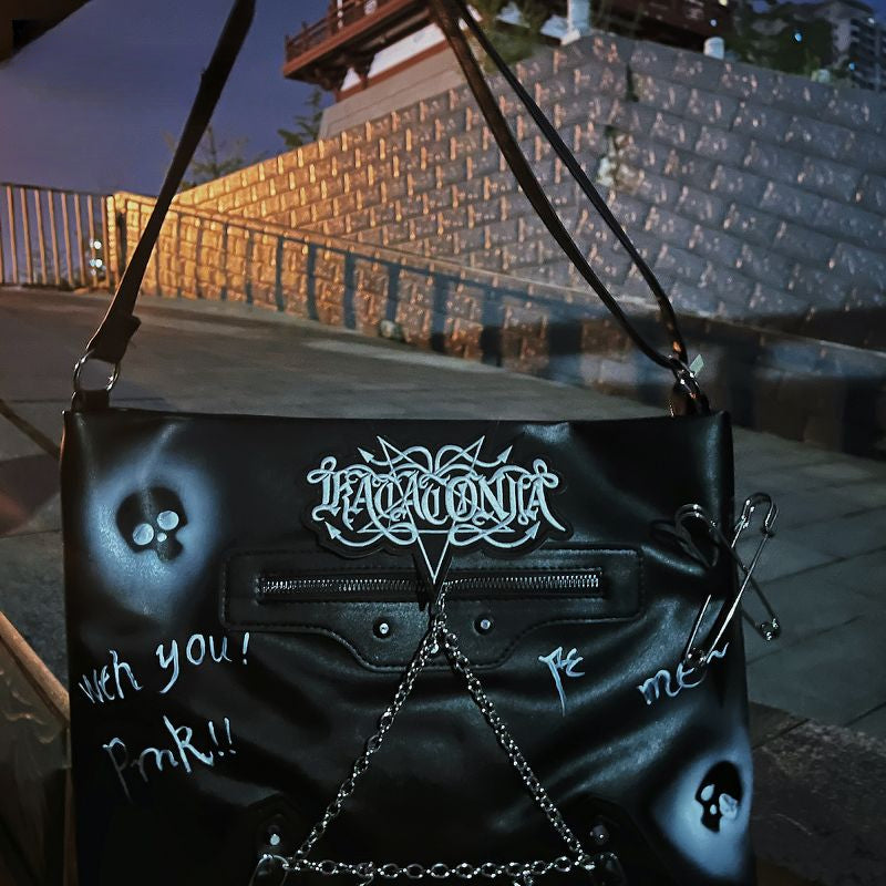 Y2K Harajuku Gothic Skeleton Chain Leather Crossbody Bag - Fashionpara
