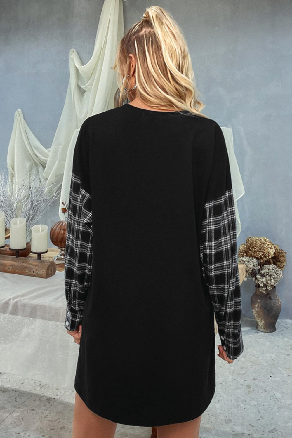 RadyRin Chic Round Neck Plaid Sweater Dress for Elegance
