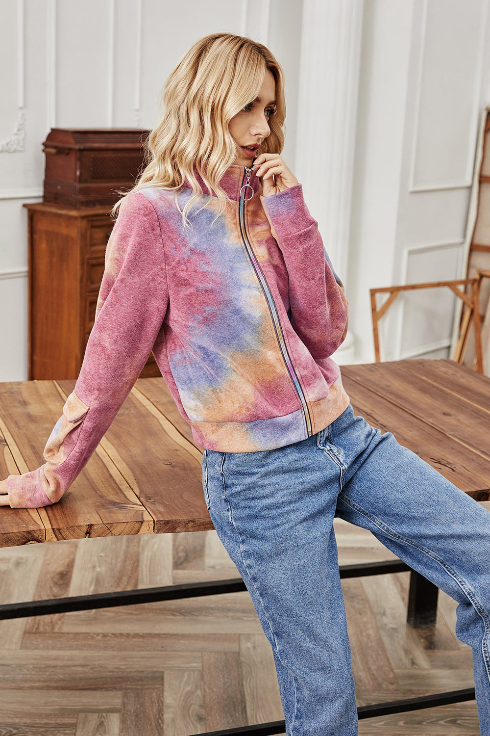 High Collar Color Zipper Tie-dye Jacket