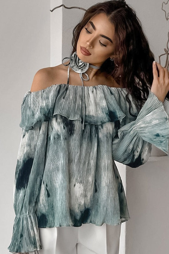 Tie Dye Off Shoulder Flare Sleeve Blouse - Fashionpara