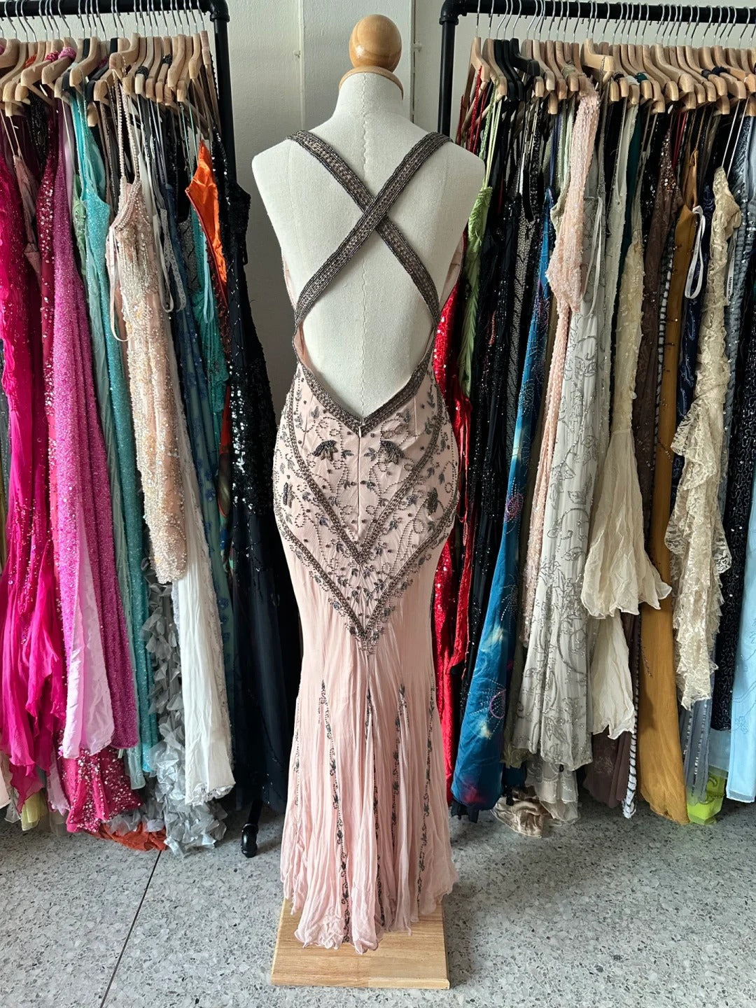 Retro Pink Mermaid Backless V-Neck Beaded Chiffon Long Prom Dress Evening Dress P4222