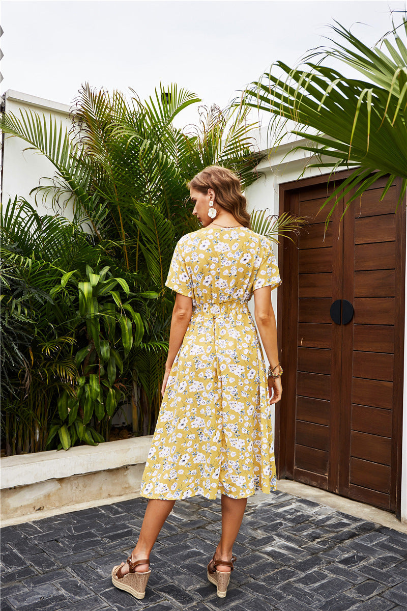 Floral Print V-Neck Flutter Sleeve Wrap Midi Dress