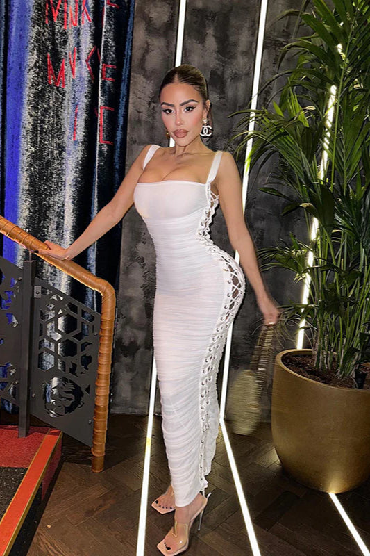 Hollow Side Lace-Up Ruched Slim Fit Party Dress