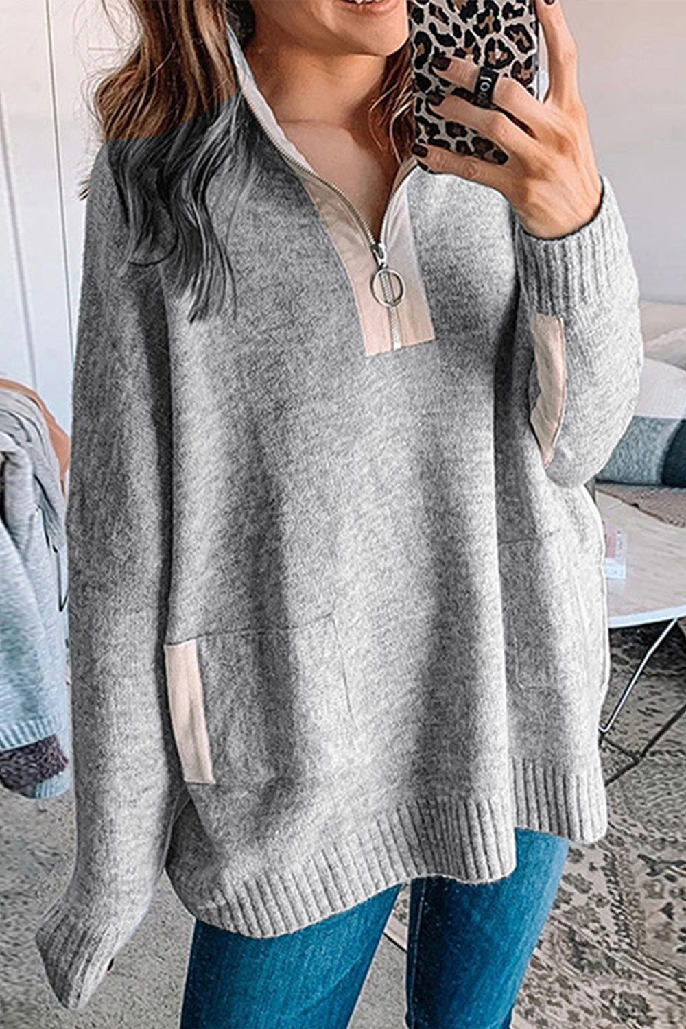 RadyRin Zipper Half-Cardigan Knitted Sweater for Style