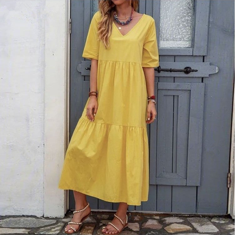 Cotton V-Neck Short Sleeve Tiered Maxi Dress