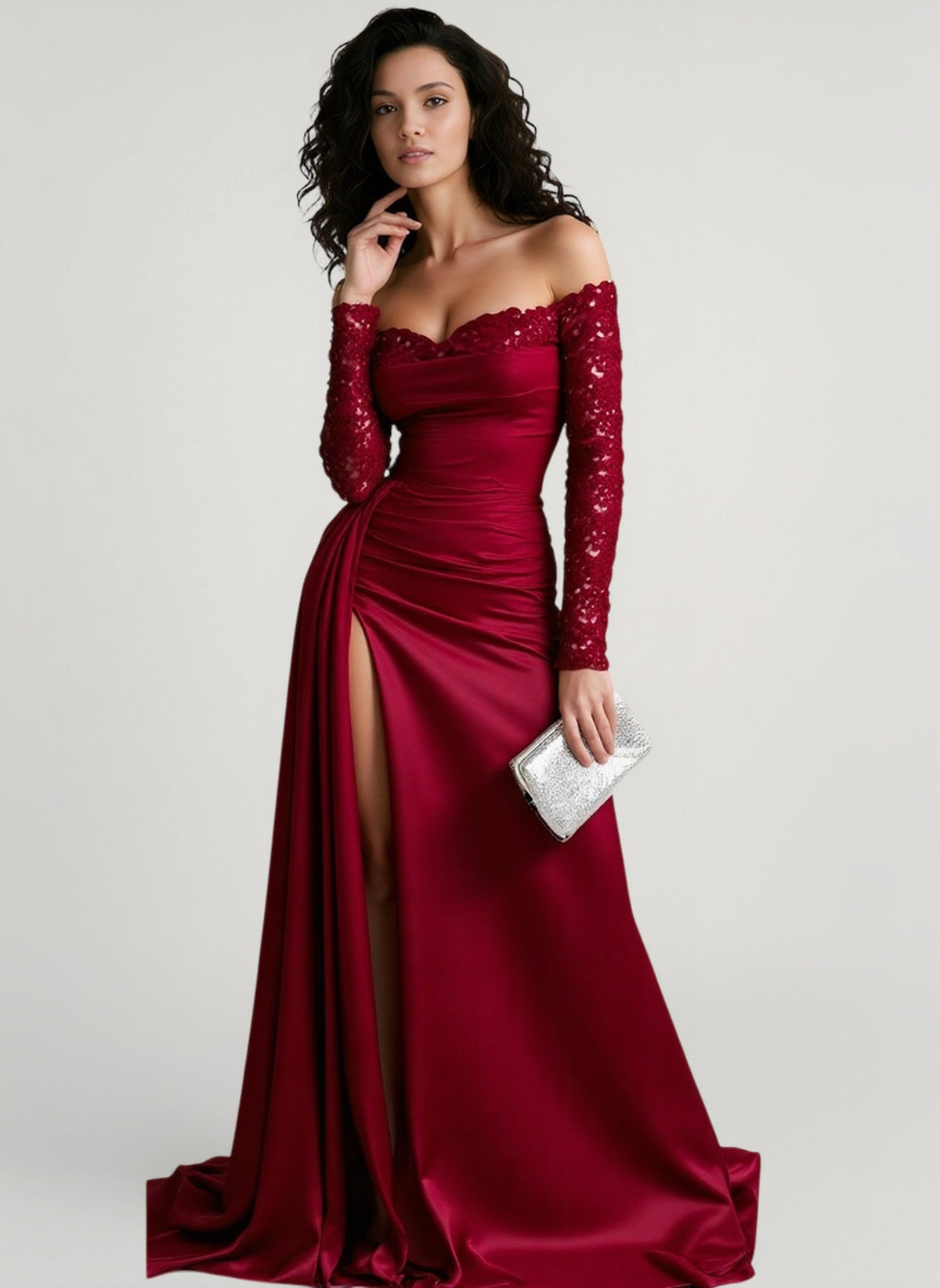 Off Shoulder Long Sleeve Sequin Satin A-Line Gown 5