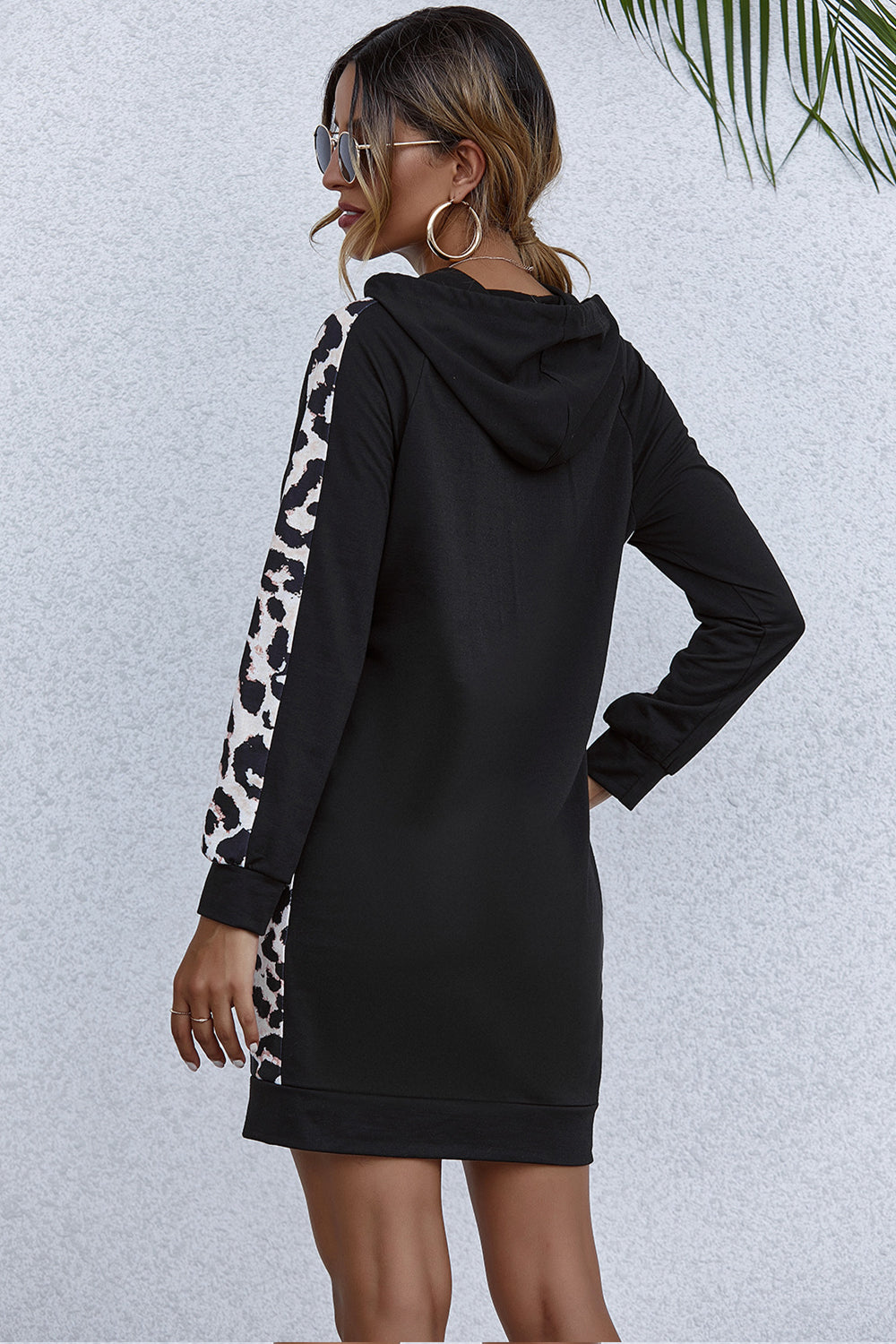 Black Hooded Leopard Print Patchwork Dress - Fashionpara