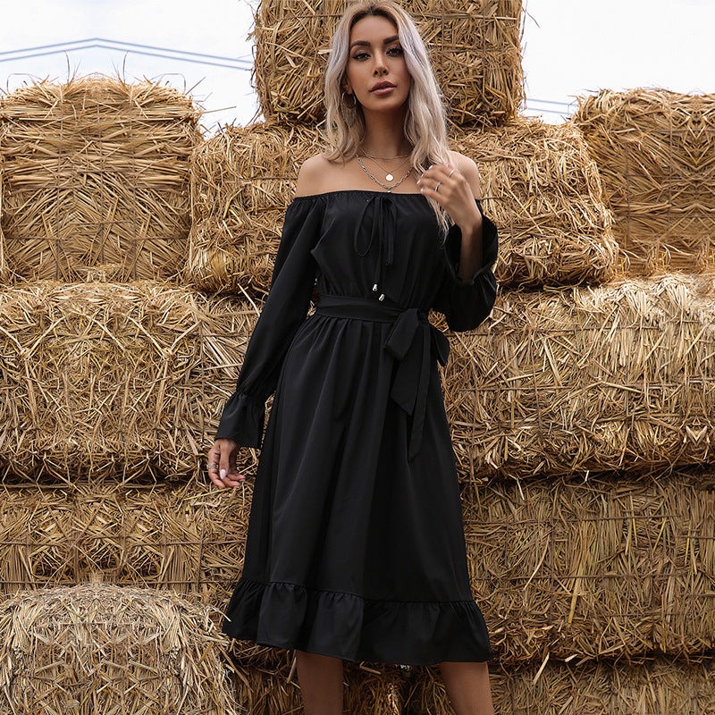 Off Shoulder Long Sleeve Ruffle Hem Fit & Flare Midi