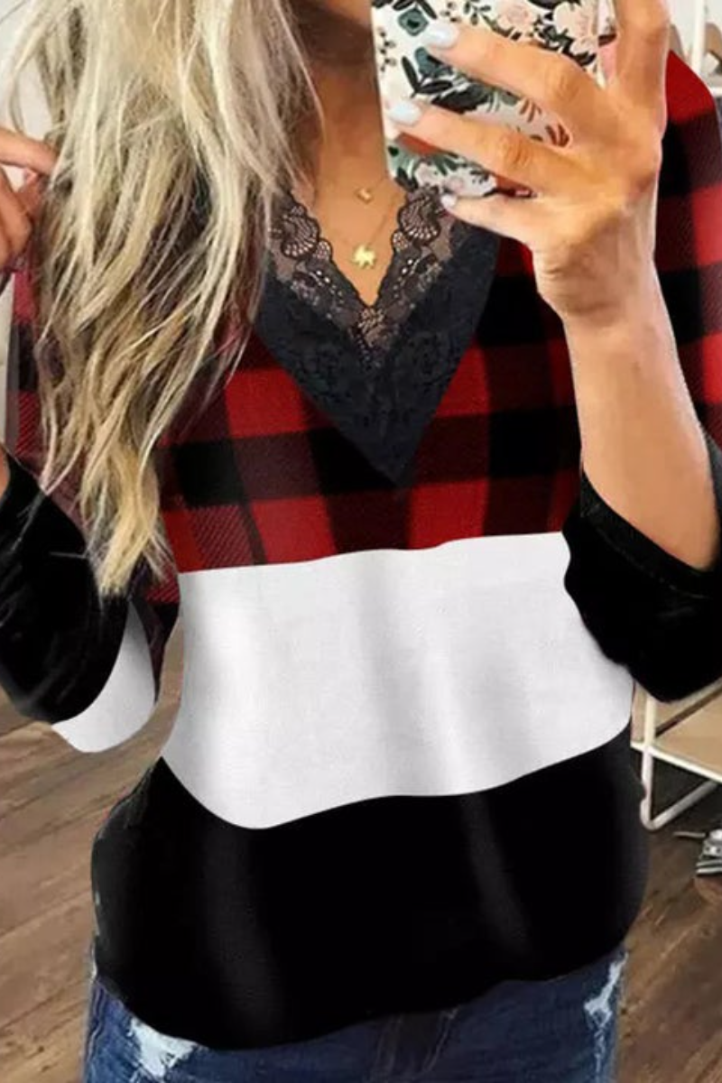 Plaid Color Block Lace Splicing Blouse - Fashionpara