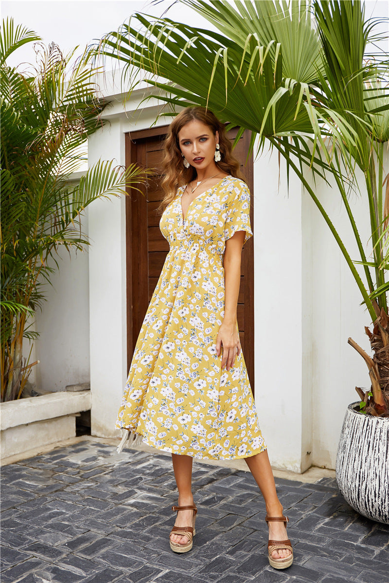 Floral Print V-Neck Flutter Sleeve Wrap Midi Dress