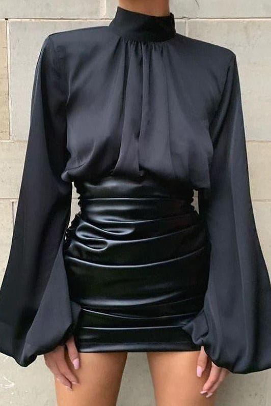 high collar loose navel lantern sleeve top