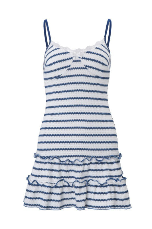 Striped Crochet Knit Lace Trim Ruffle Hem Mini Dress