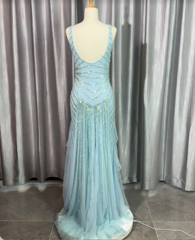 Gorgeous Light Blue V-neck Ruffled Sequined Chiffon Long Prom Dress Evening Dress P4224