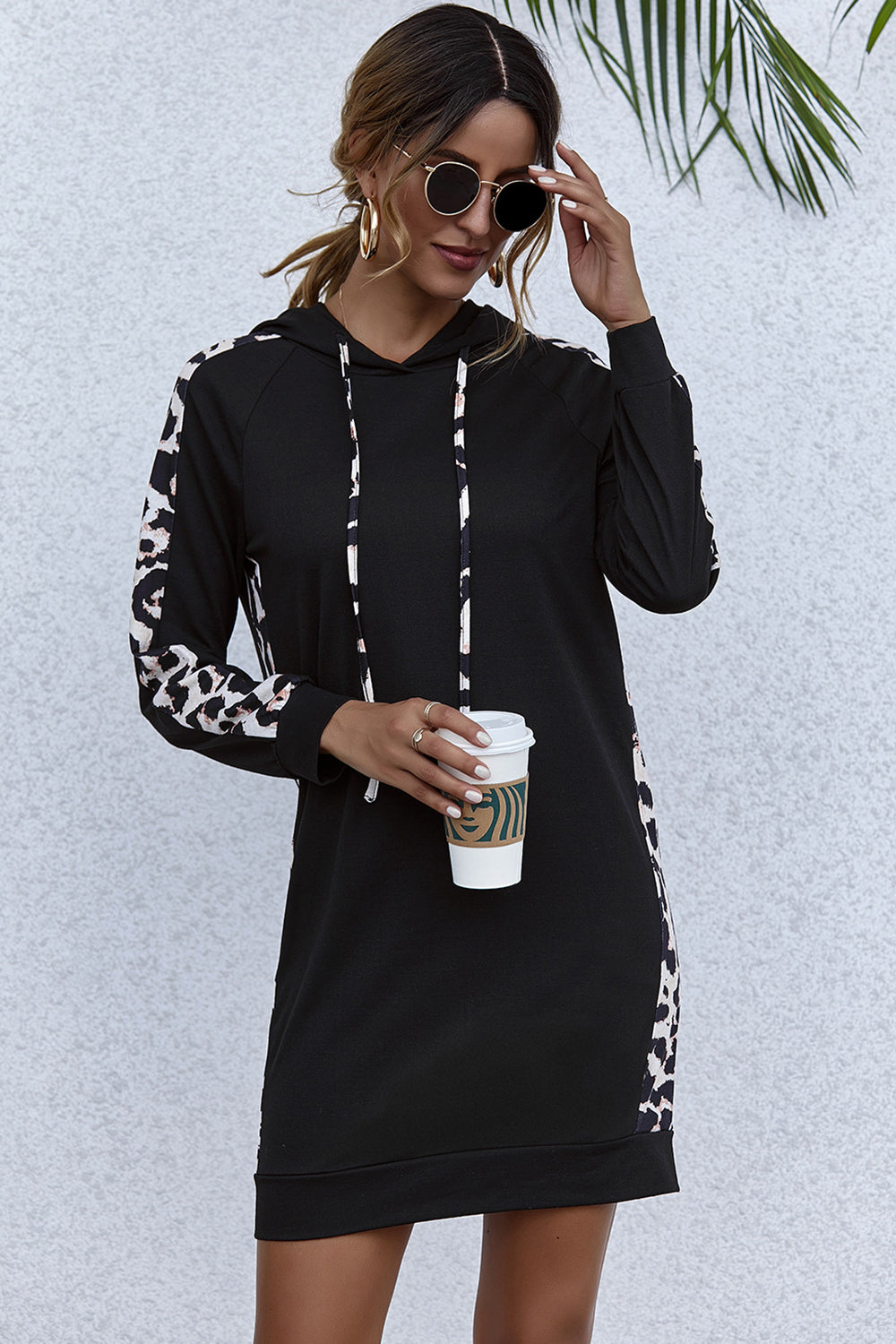 Black Hooded Leopard Print Patchwork Dress - Fashionpara