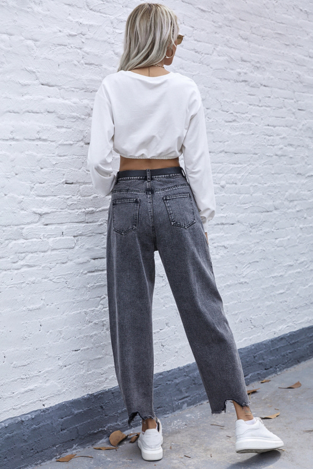 High Waist Irregular Denim Straight Trousers