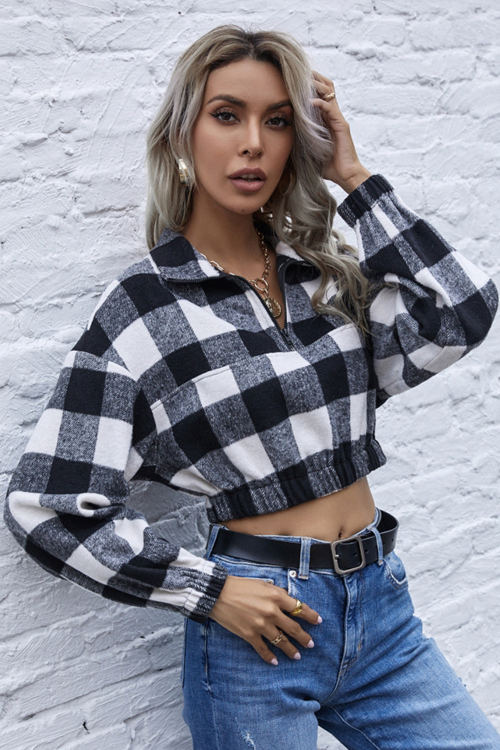 RadyRin Navel Stripe Check Lapel Zipper Sweater for Style