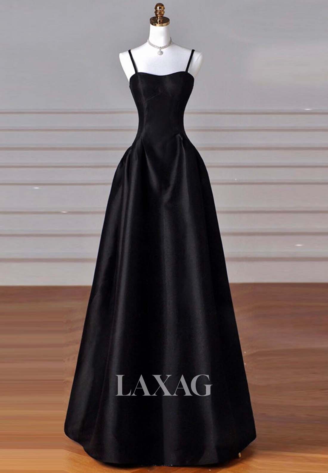 A-Line Spaghetti Straps Sleek Satin Evening Gowns Sweetheart Sleeveless Pleated Floor-Length Prom Dress