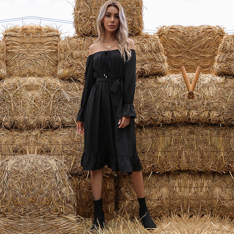 Off Shoulder Long Sleeve Ruffle Hem Fit & Flare Midi