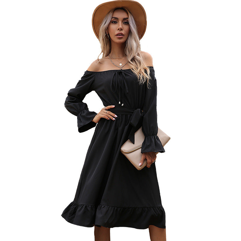 Off Shoulder Long Sleeve Ruffle Hem Fit & Flare Midi