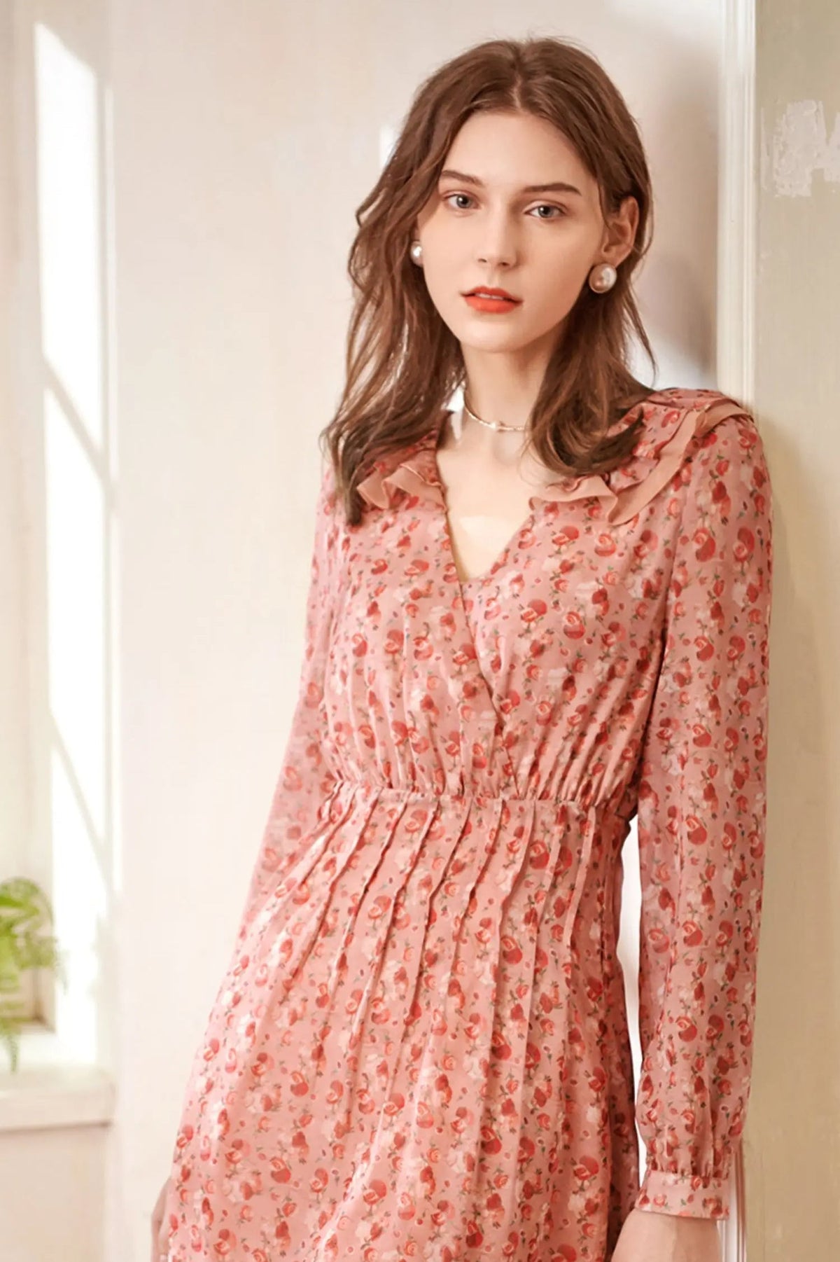 Floral Print Deep V-Neck Ruffle Trim Long Sleeve Midi Dress - View 8