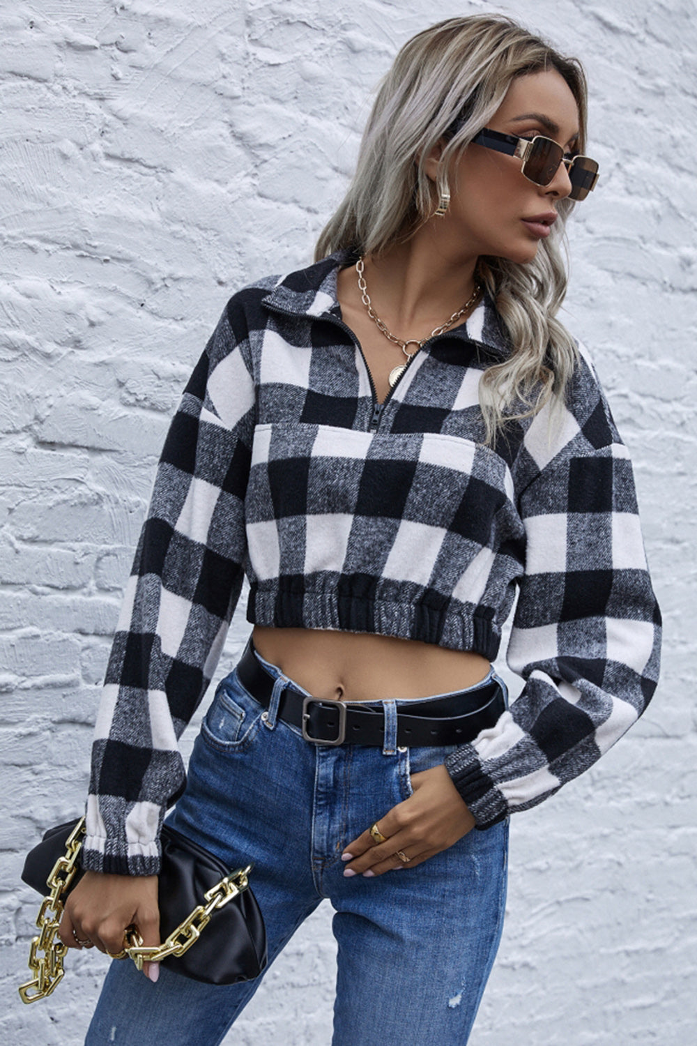 RadyRin Navel Stripe Check Lapel Zipper Sweater for Style