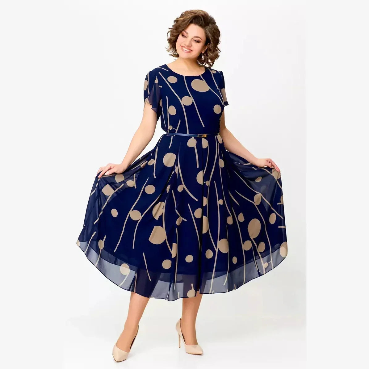 Round Neck Flutter Sleeve Abstract Print Chiffon Midi Dress