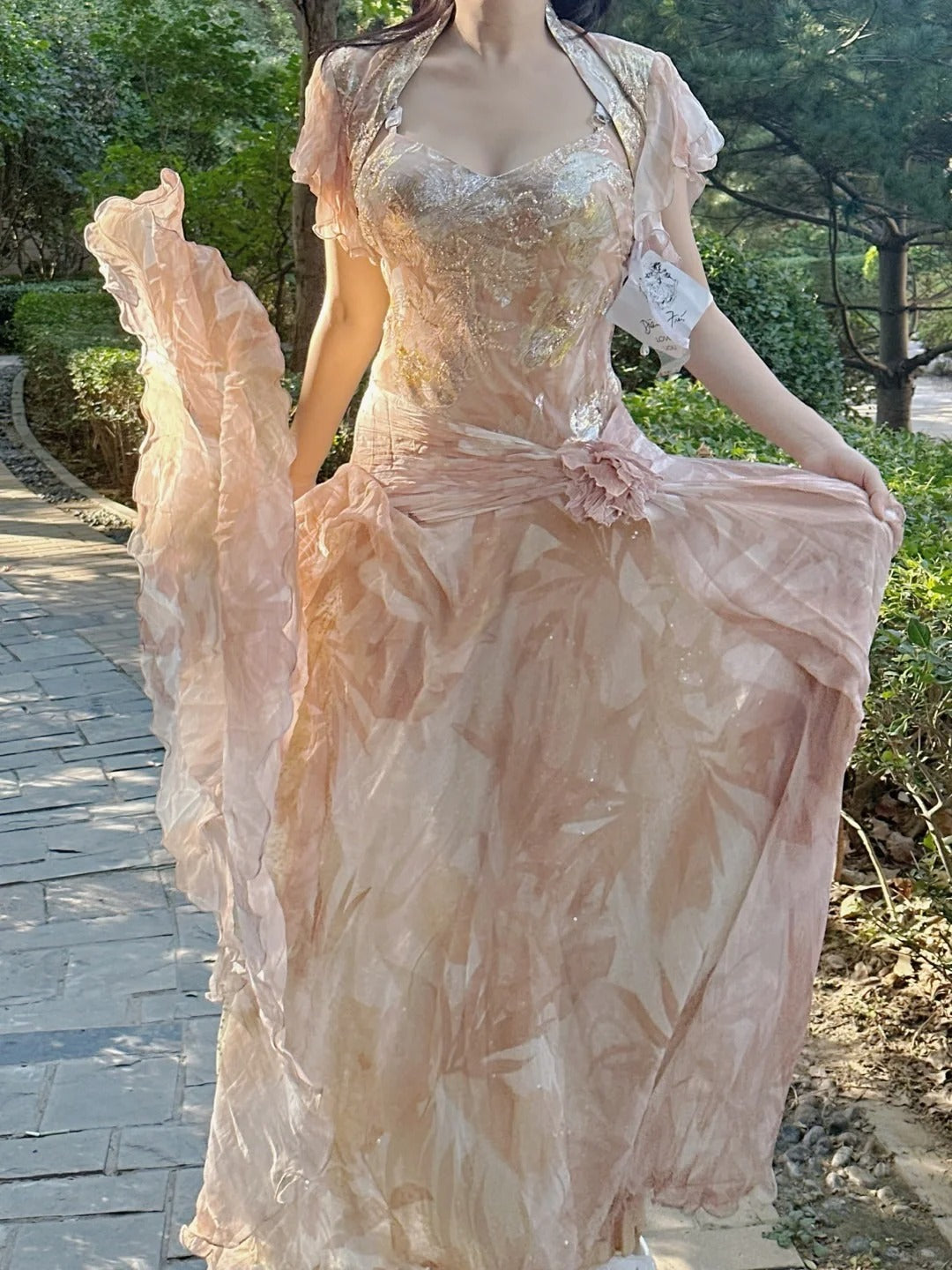 Pretty Pink Floral Print A-line Chiffon Long Prom Dress Evening Dress P4225