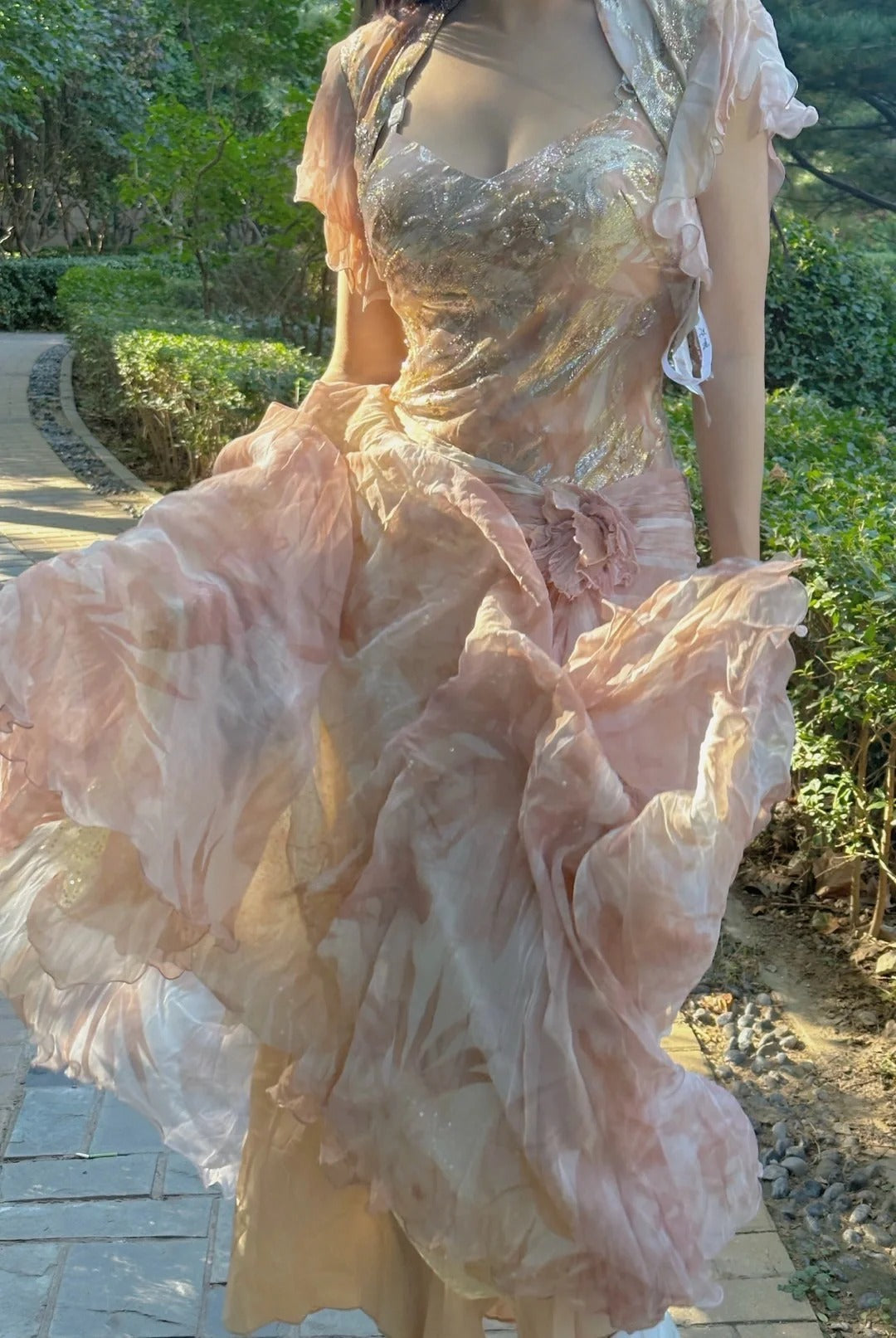 Pretty Pink Floral Print A-line Chiffon Long Prom Dress Evening Dress P4225