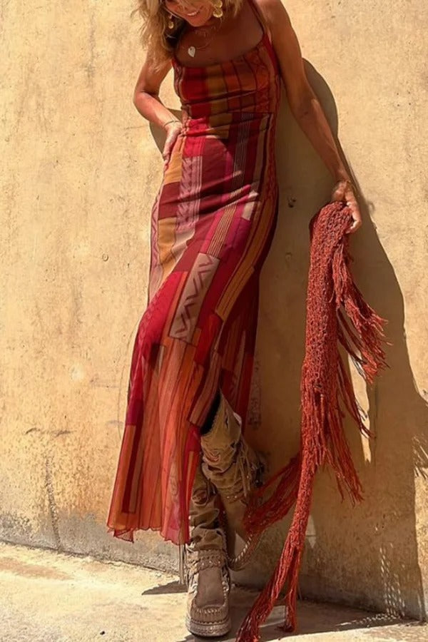 Backless Lace Up Fringe High Split Boho Maxi Dress - View 8