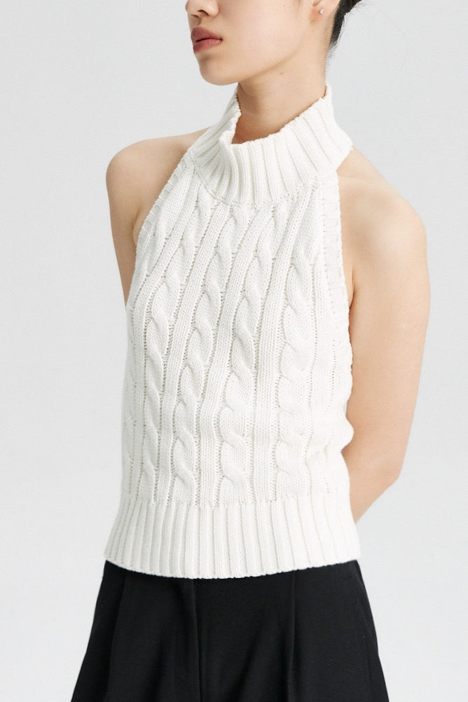 Backless Halter Cable Knit Top