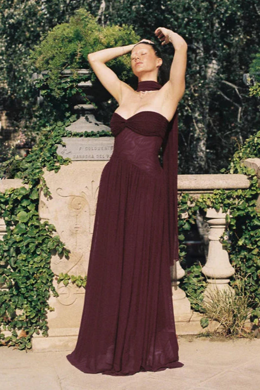 Strapless Flowy Ribbon Slim Waist Maxi Dress