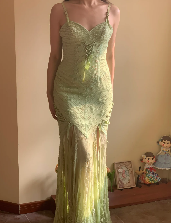 Beautiful Green Mermaid Beaded Embroidered Strappy Slit Chiffon Long Prom Dress Evening Dress P4226