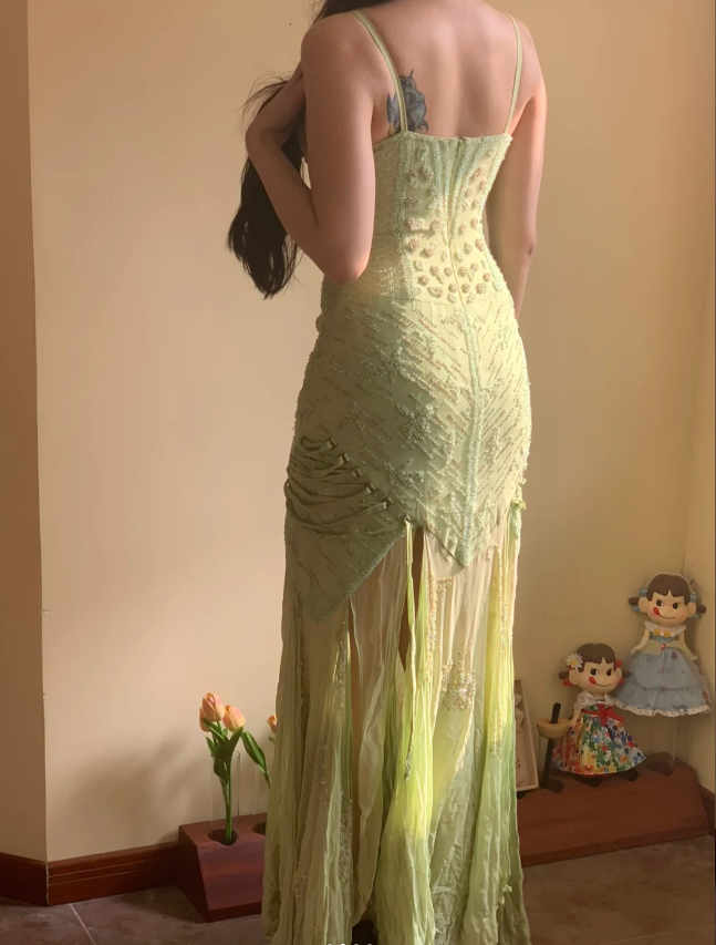 Beautiful Green Mermaid Beaded Embroidered Strappy Slit Chiffon Long Prom Dress Evening Dress P4226