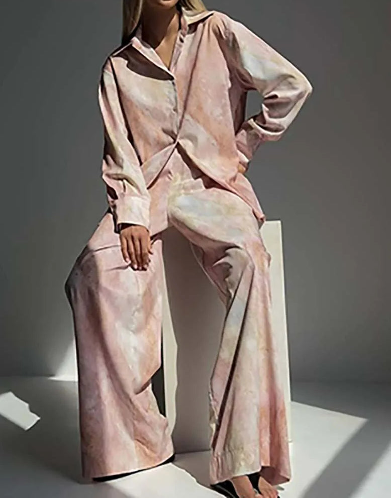 Pink Print Lapel Drawstring Trousers Office Two Piece Set