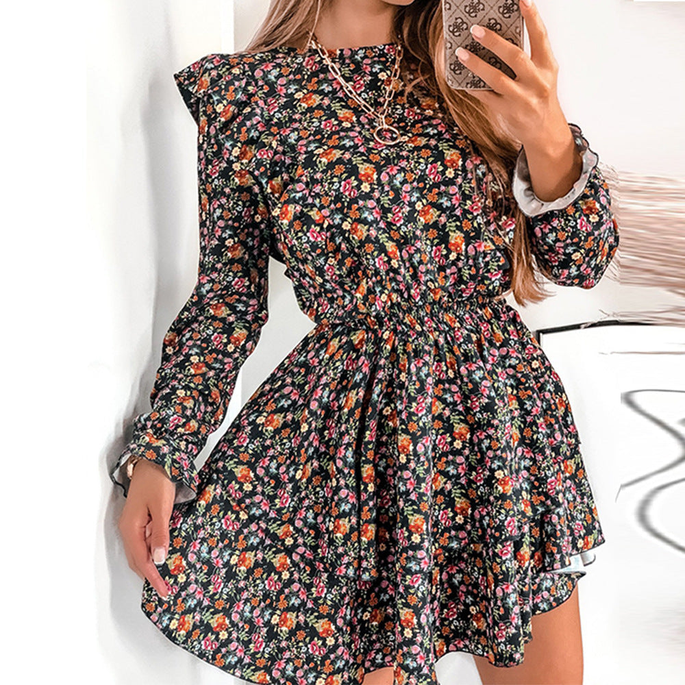 Floral Print Long Sleeve Tiered Ruffle Mini Dress