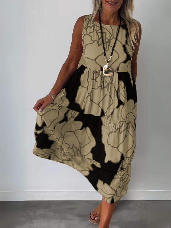 Floral Print Sleeveless Round Neck Tiered Relaxed Midi Dress - View 10
