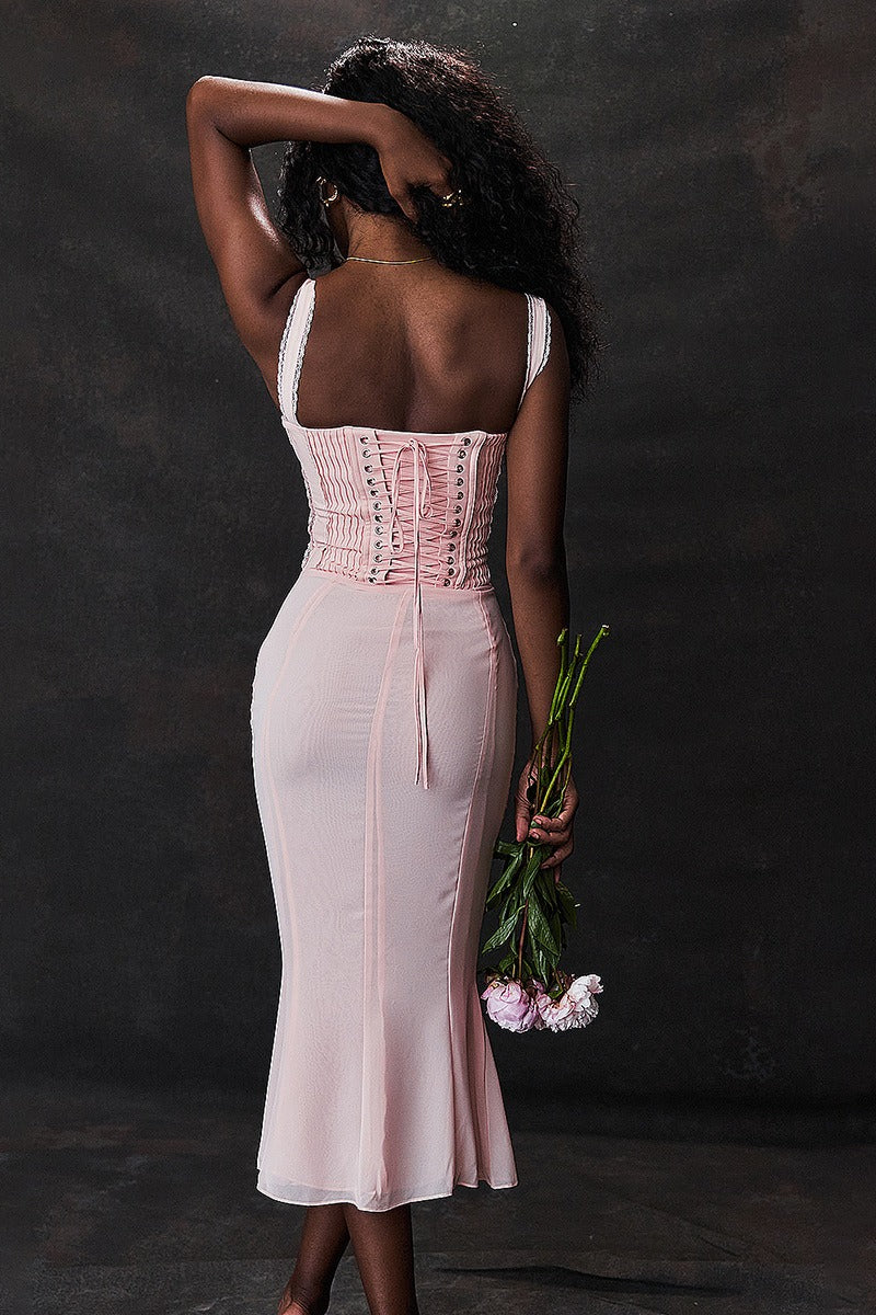 Sweetheart Corset Lace Trim Mermaid Midi Dress