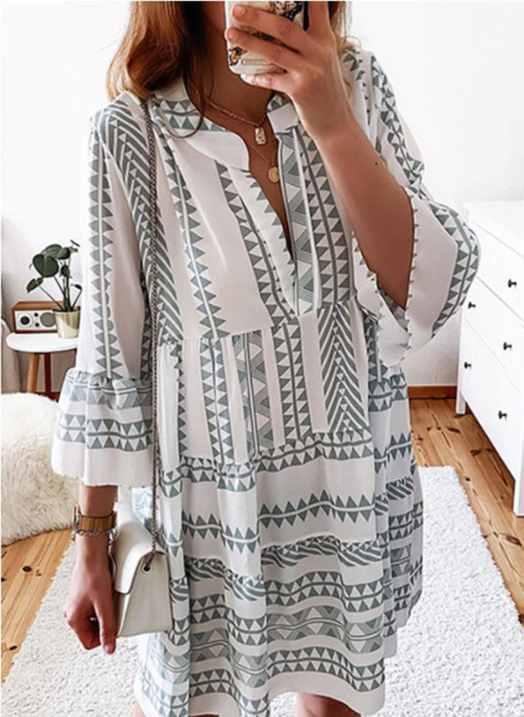 Printed Split Neck Bell Sleeve Tiered Shift Dress