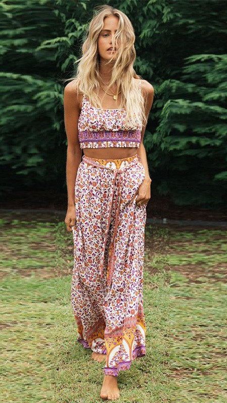KittenAlarm - Purple Floral Crop Top and Pants Matching Sets
