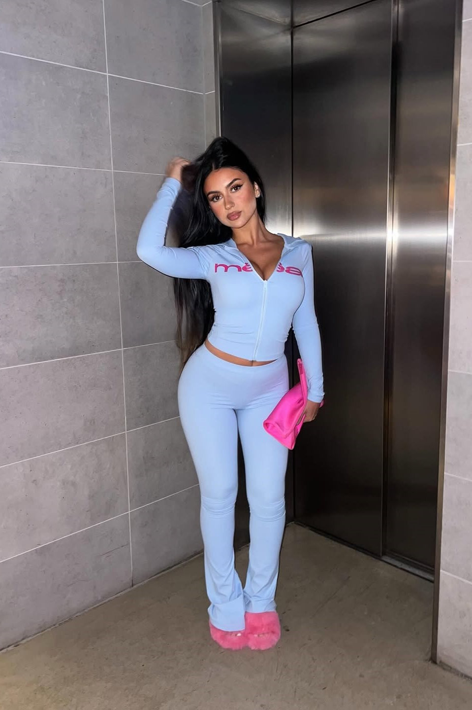 Letter Print Crop Hoodie & Skinny Pants Two Piece Set