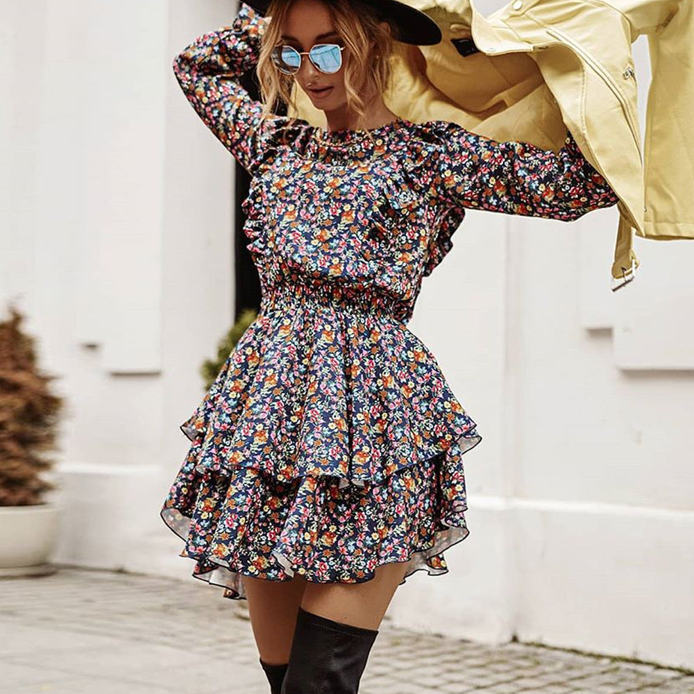 Floral Print Long Sleeve Tiered Ruffle Mini Dress