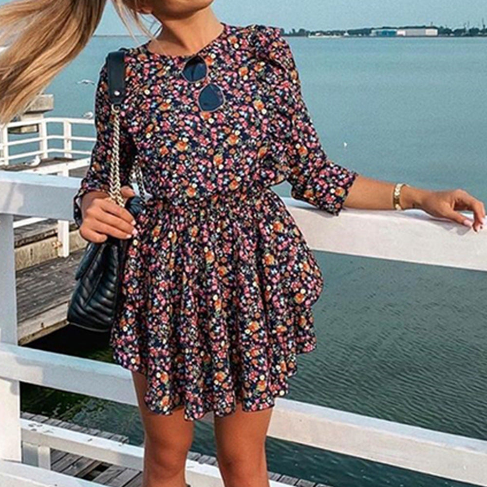 Floral Print Long Sleeve Tiered Ruffle Mini Dress