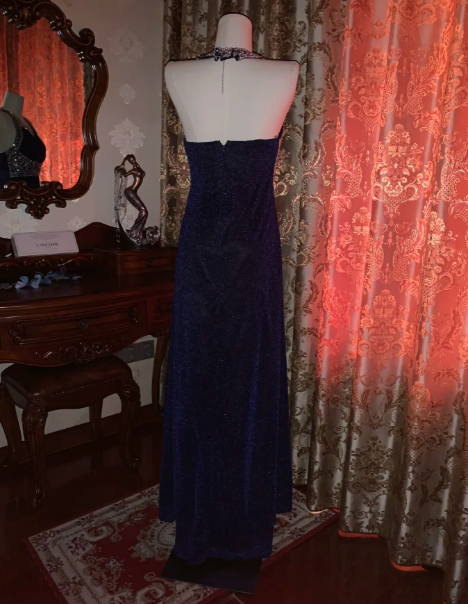 Pretty Halter Navy Blue Sequin Beaded Mermaid Long Evening Dress Birthday Party Dress D1723