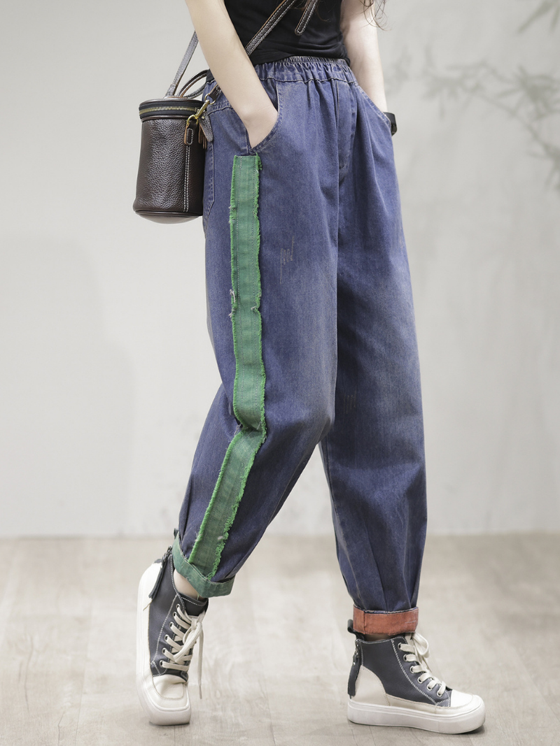 Casual Vintage Loose Fit Patch Denim Bottom Jeans Pants - Fashionpara